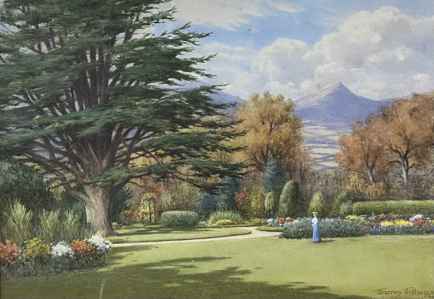 ‡ WARREN WILLIAMS ARCA (British 1863 - 1941) watercolour - bonneted lady admiring the grounds of