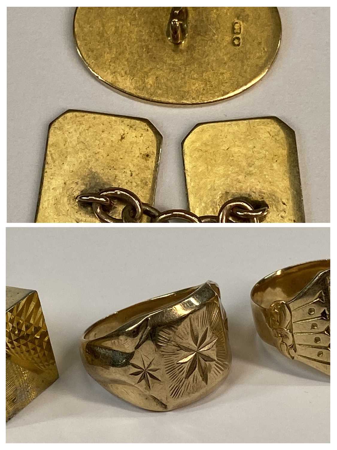 GOLD/YELLOW METAL GROUP comprising three large yellow metal signet rings, single cufflink, ETC