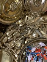 EPNS-NEAR PAIR LIDDED FOOD TUREENS, quantity of cutlery, smaller tureen, plates, costume jewellery