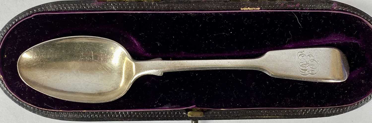CASED VICTORIAN SILVER SPOON & FORK, London 1869 and a cased Victorian silver christening spoon, - Image 4 of 5