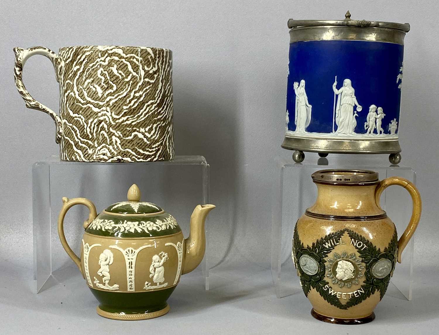 GROUP OF 19TH CENTURY CERAMICS, Doulton Lambeth stoneware motto jug, applied moulded decoration, "