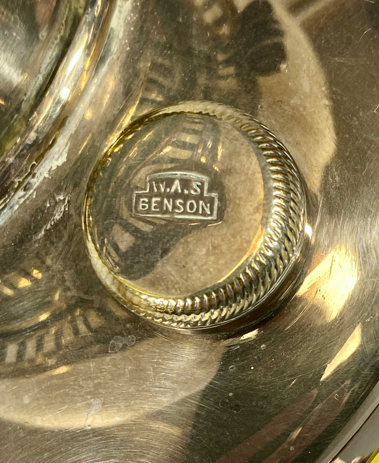 SILVER PLATED OIL LAMP by W. A. S. Benson, twin burners, circular reservoir, leaf design under - Image 3 of 3