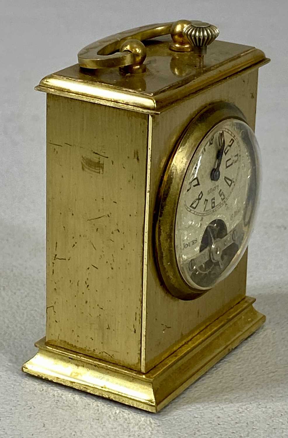 MINIATURE FRENCH GILDED BRASS CARRIAGE CLOCK, early 20th century, three quarter silvered dial with - Image 2 of 4
