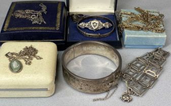 GROUP OF MIXED SILVER JEWELLERY including hollow silver bangle, scroll engrave decoration, child's