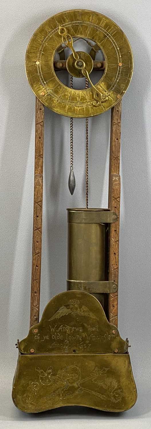 BRASS & CARVED OAK WATER CLOCK, engraved to the lower front plate 'W Andrews Fecit of Ye Olde
