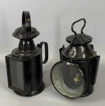 TWO VINTAGE STEEL RAILWAY SIGNAL LAMPS, unnamed, with burners 32cms and 29cms (h) Provenance: