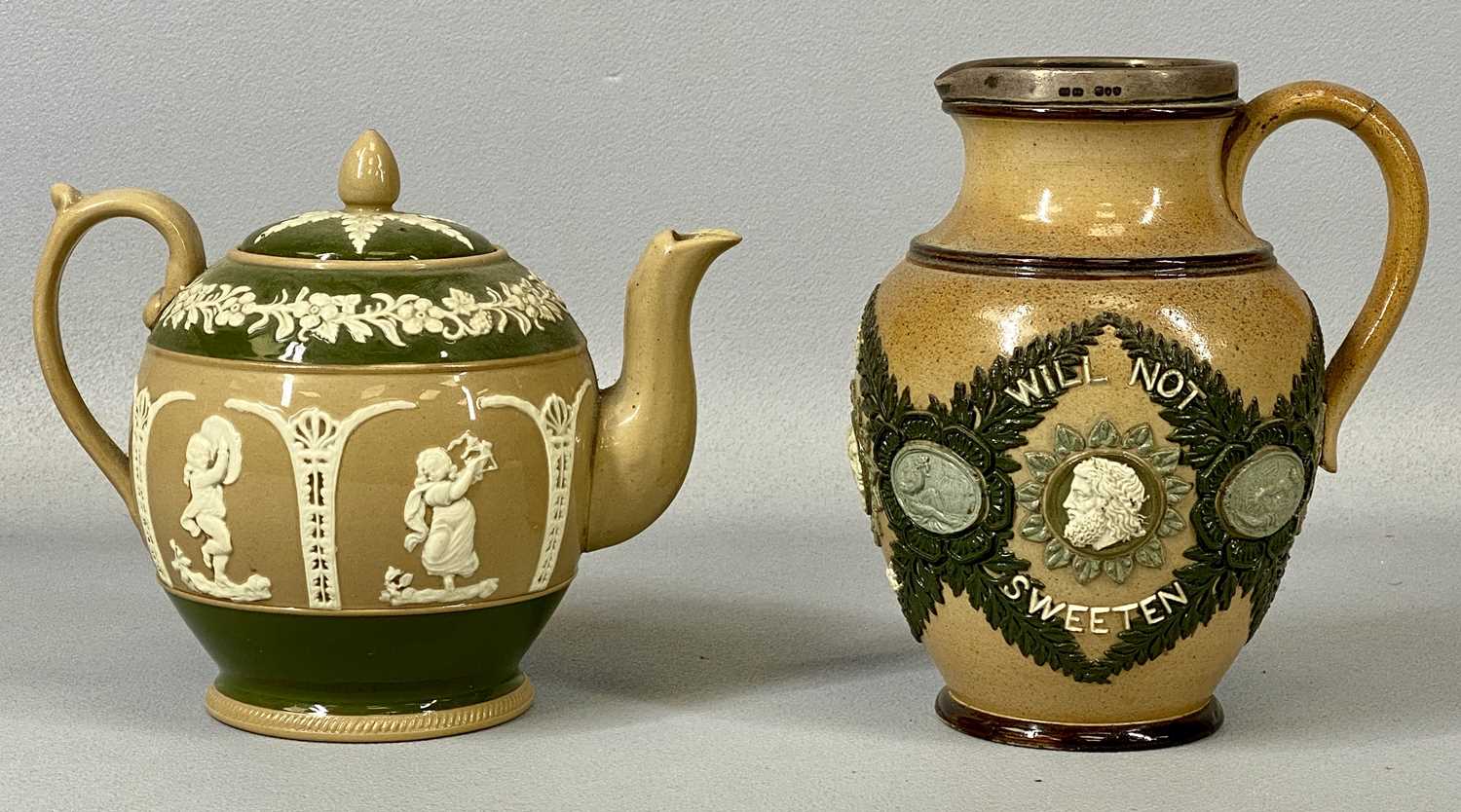 GROUP OF 19TH CENTURY CERAMICS, Doulton Lambeth stoneware motto jug, applied moulded decoration, " - Image 3 of 3