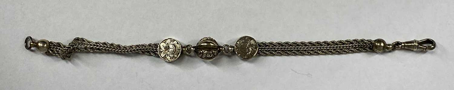 SILVER WHITE METAL GROUP including four fobs and an ornate fob watch chain with floral painted - Image 4 of 4
