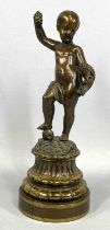 BRONZED FIGURINE OF A CHILD HOLDING GRAPES, 20th century, unsigned, gilt highlighted stepped