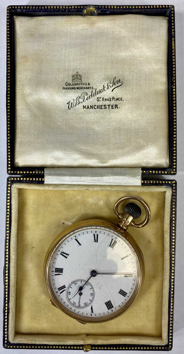 9CT GOLD CASED POCKET WATCH, top wind, white enamel dial with black Roman numerals and subsidiary