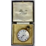 9CT GOLD CASED POCKET WATCH, top wind, white enamel dial with black Roman numerals and subsidiary