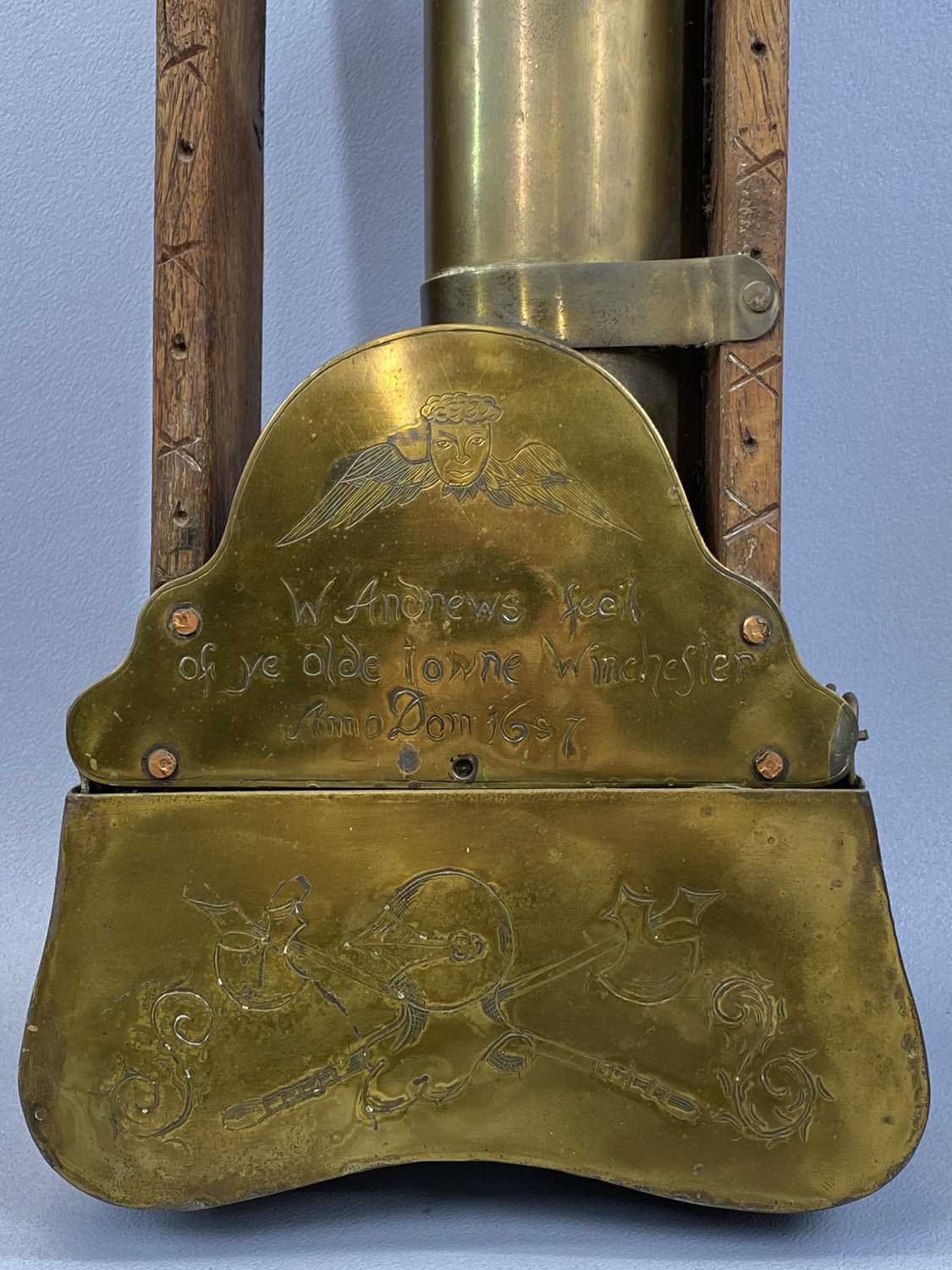 BRASS & CARVED OAK WATER CLOCK, engraved to the lower front plate 'W Andrews Fecit of Ye Olde - Image 4 of 5