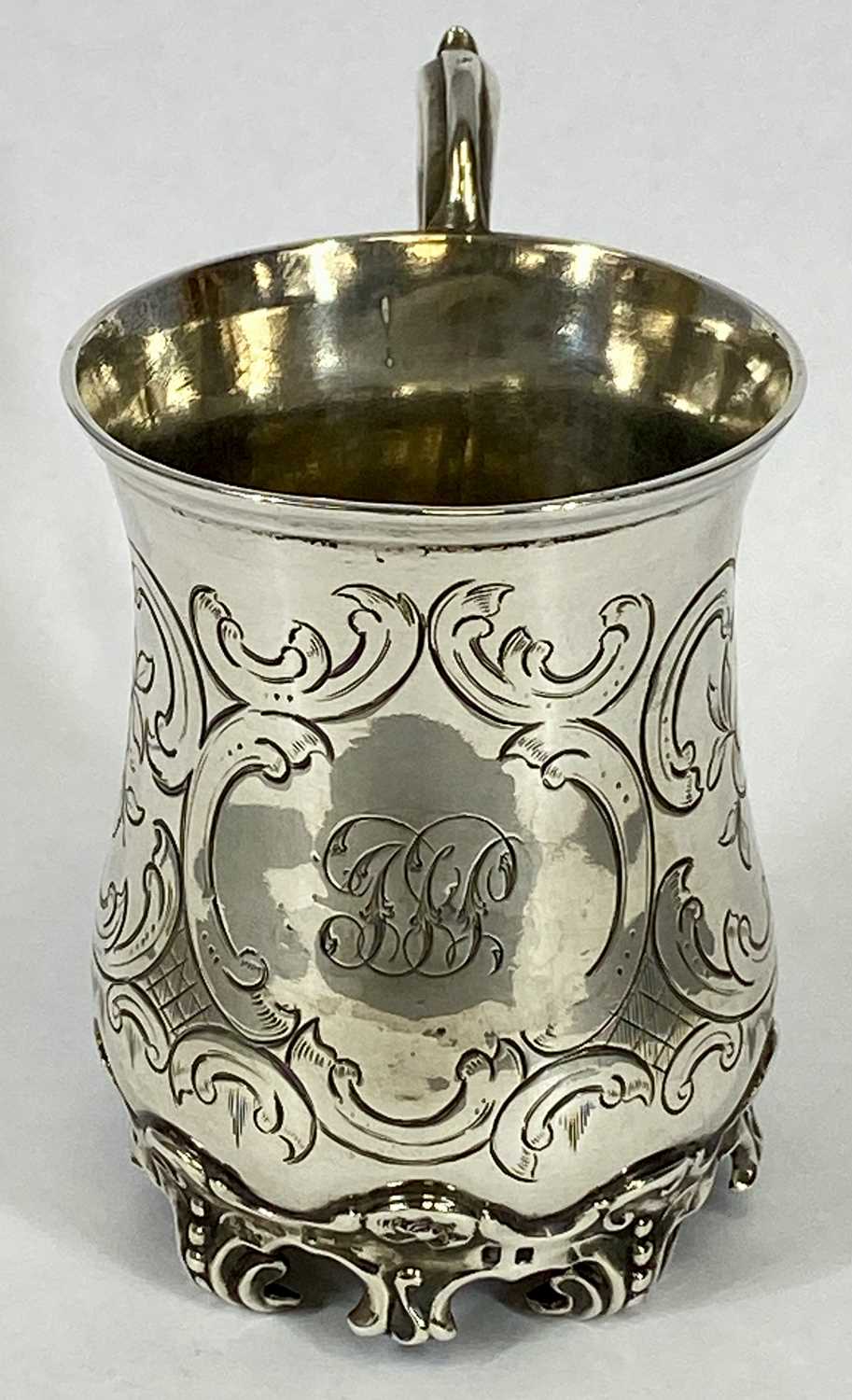 VICTORIAN SILVER CHRISTENING MUG, waisted body, engraved with scrolls and monogram in cartouche, - Image 2 of 3