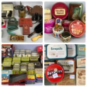 A LARGE COLLECTION OF VINTAGE TINS & OTHER PACKAGING including tobacco, Quality Street ETC