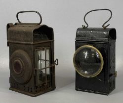 TWO VINTAGE STEEL RAILWAY SIGNAL LAMPS BR (M) with bullseye lens, 18cms and 19cms (h) Provenance: