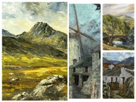 WELSH ARTISTS, group of five oil paintings on board - Moss Williams, "Melyn Wynt Llanddensant", 49 x