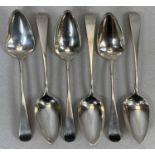 SET OF SIX GEORGE III SILVER TABLESPOONS, London 1802, maker possibly Thomas Wallis II, approx