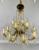MODERN EIGHT-BRANCH, TWELVE-LIGHT CHANDELIER CEILING LIGHT FITTING, glass and metal with cut glass