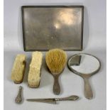 GEORGE V SILVER DRESSING TABLE SET, with machine engraved decoration, rectangular tray with upturned