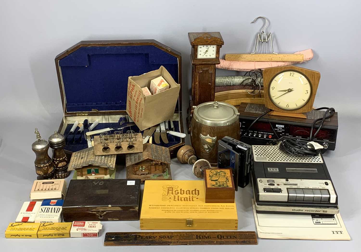GROUP OF MIXED COLLECTABLES including two Swiss trinket boxes, miniature longcase clock, ETC (