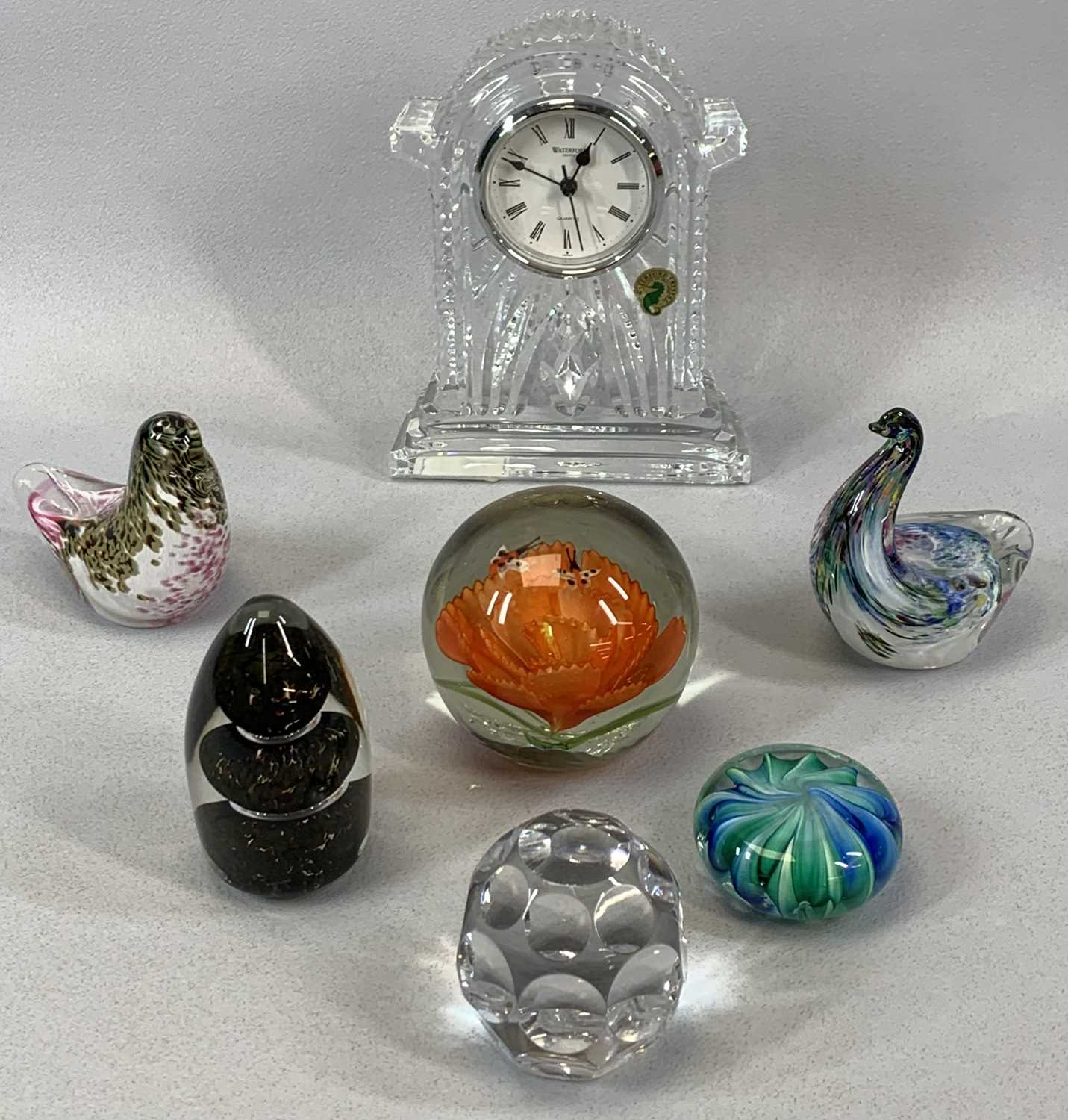 VAROUS ORNAMENTAL GLASSWARE including Waterford Crystal mantel clock, 18.5cms (h) and Studio glass