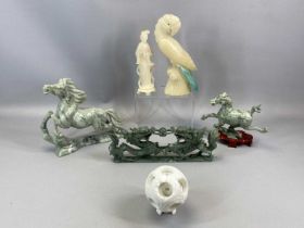 GROUP OF ASIAN SCULPTURE including carved soapstone stallion, 24cms (h), similar smaller on wooden