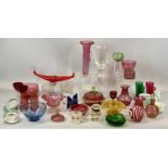 LARGE GROUP OF COLOURED GLASSWARE 19th century and later, including ruby and cranberry vases,
