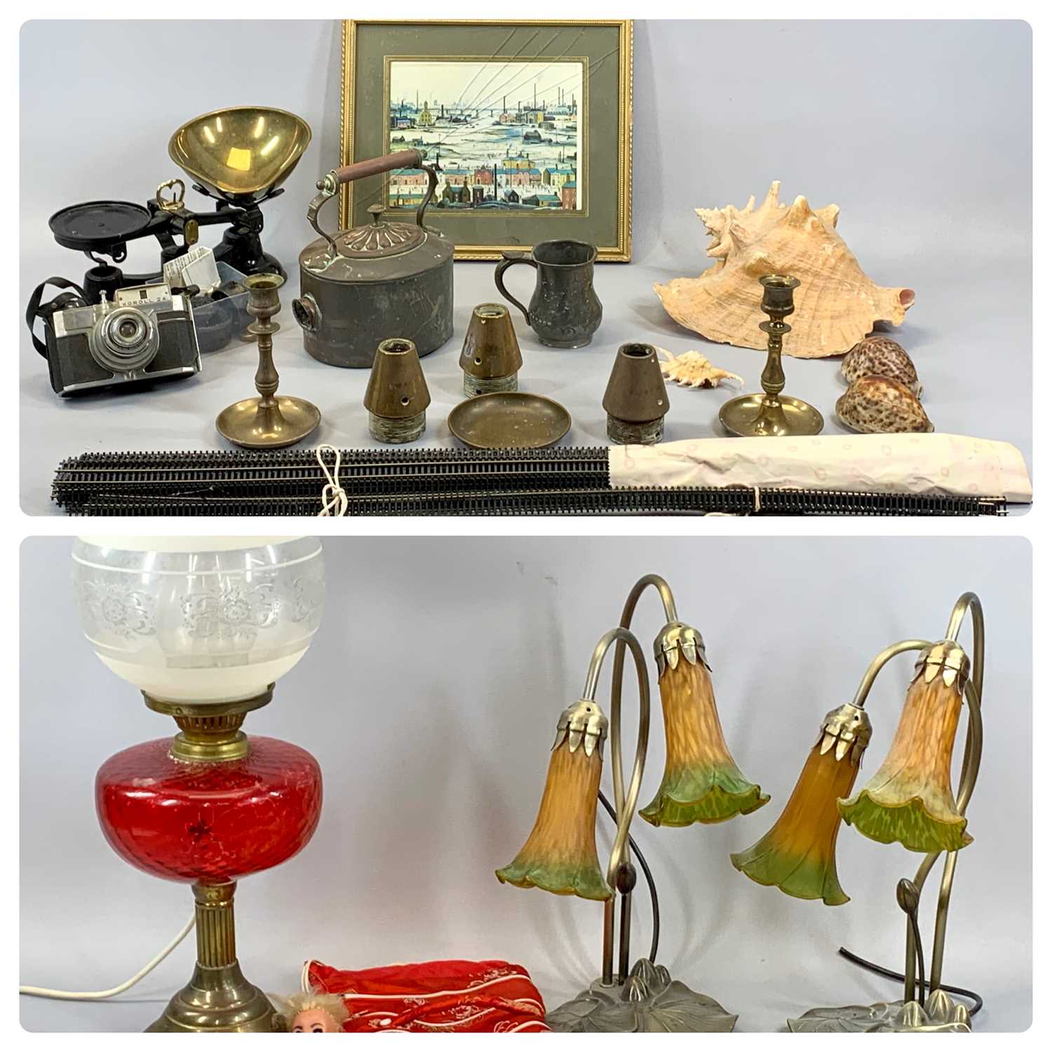 GROUP OF MIXED COLLECTABLES including Art Nouveau style twin branch table light fittings with