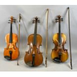THREE VIOLINS, 33cms two-piece back, 37cms two-piece back and 35.5cms two-piece back, in cases
