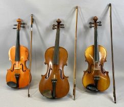 THREE VIOLINS, 33cms two-piece back, 37cms two-piece back and 35.5cms two-piece back, in cases