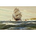 A. D. BELL (Wilfred Knox) watercolour - sailing vessels at full mast, signed and dated 1945 lower