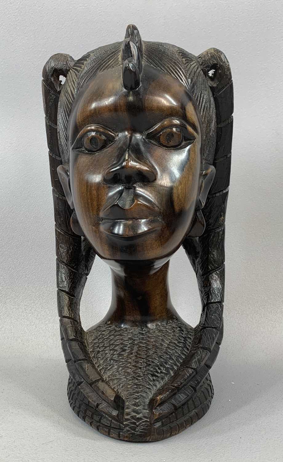 NIGERIAN CARVED HARDWOOD BUST OF A LADY, 29cms (h), a Nigerian curved sword in carved sheath, - Image 2 of 8