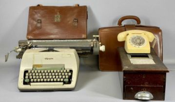 TWO VINTAGE LEATHER BRIEFCASES, a dial-up telephone, an old oak shop till and an Olympia