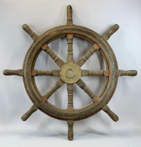 WOODEN EIGHT SPOKE SHIPS WHEEL, with brass centre boss and spoke cap at 12 o clock, 94cms (diam.)