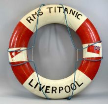 PERRYBUOY SHIPS LIFEBUOY, painted red and white, RMS Titanic Liverpool with White Star and Ensign