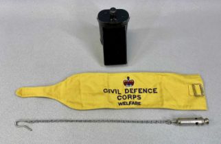 WORLD WAR II CIVIL DEFENCE ARP LAMP with hood, in original box, ARP whistle with chain and a Civil