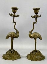 PAIR OF REGENCY STYLE BRASS CANDLESTICKS modelled as cranes standing on naturalistic bases,