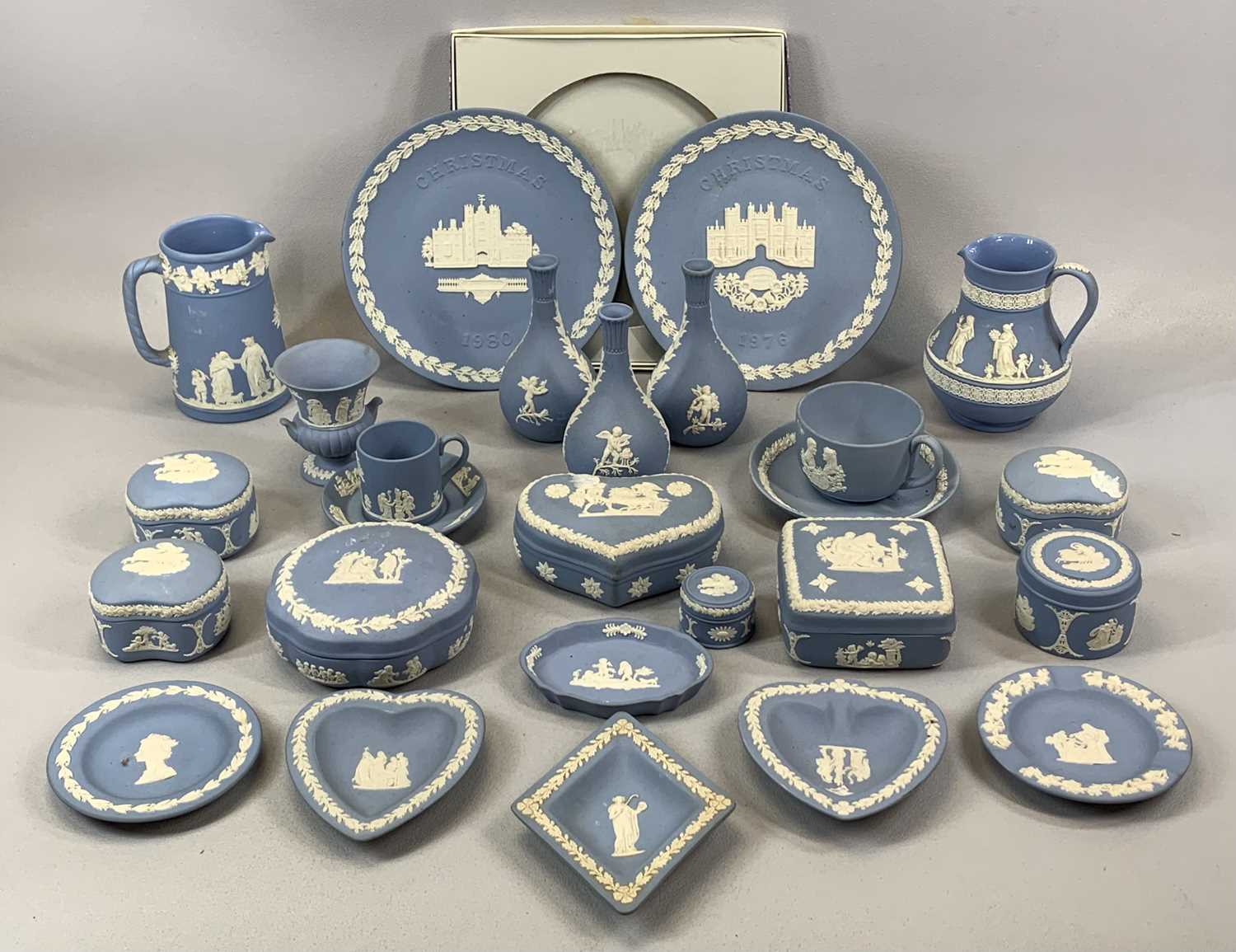 GROUP OF STAFFORDSHIRE POTTERY including Wedgwood blue Jasperware of jugs, plates, posy vases, - Image 2 of 5