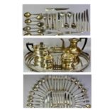 MIXED GROUP OF PLATED ITEMS, large oval tea tray with pierced gallery and on bun feet, 61 x 40cms,