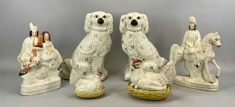GROUP OF 19TH CENTURY STAFFORDSHIRE including pair of cream glazed seated spaniels with moulded fur,