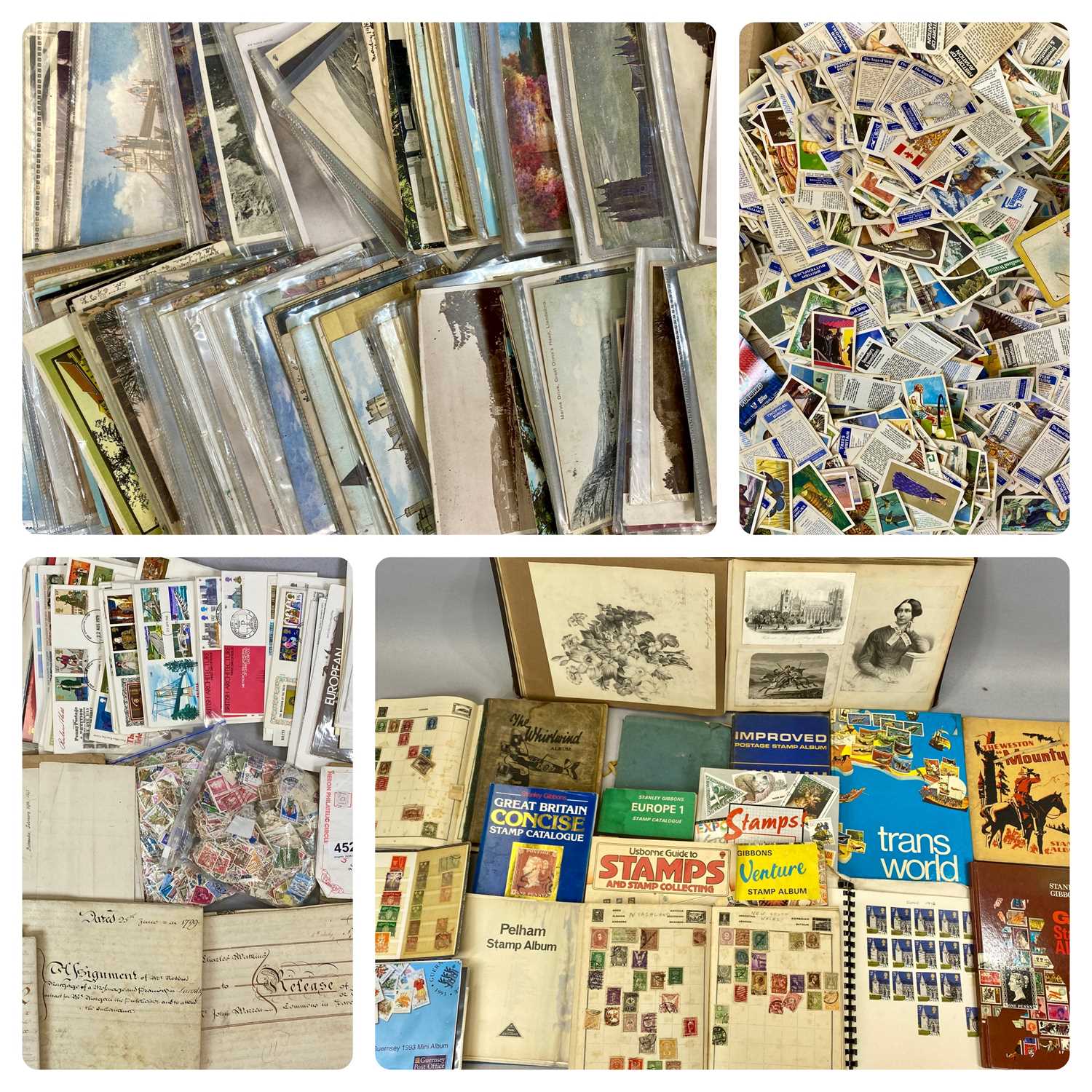 GROUP OF MIXED COLLECTABLES including stamp albums and loose stamps, first day covers, postcards,