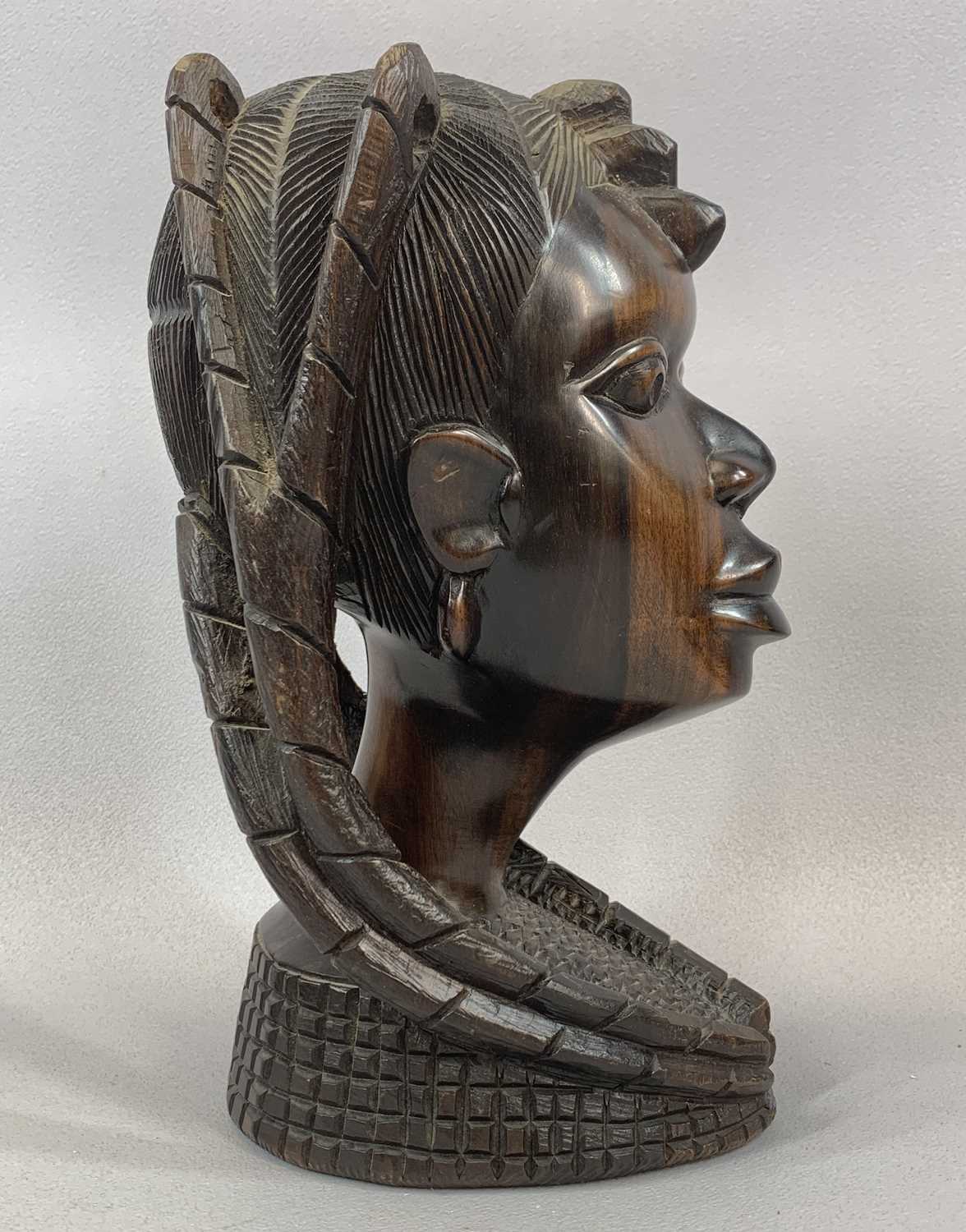 NIGERIAN CARVED HARDWOOD BUST OF A LADY, 29cms (h), a Nigerian curved sword in carved sheath, - Image 3 of 8