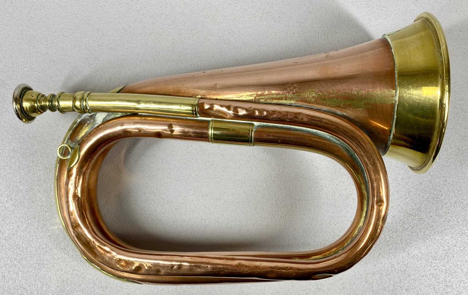 FRENCH BRASS & COPPER BUGLE with brass mounts, by Thibouville, Lamy & Co, 10 Charter House Street,