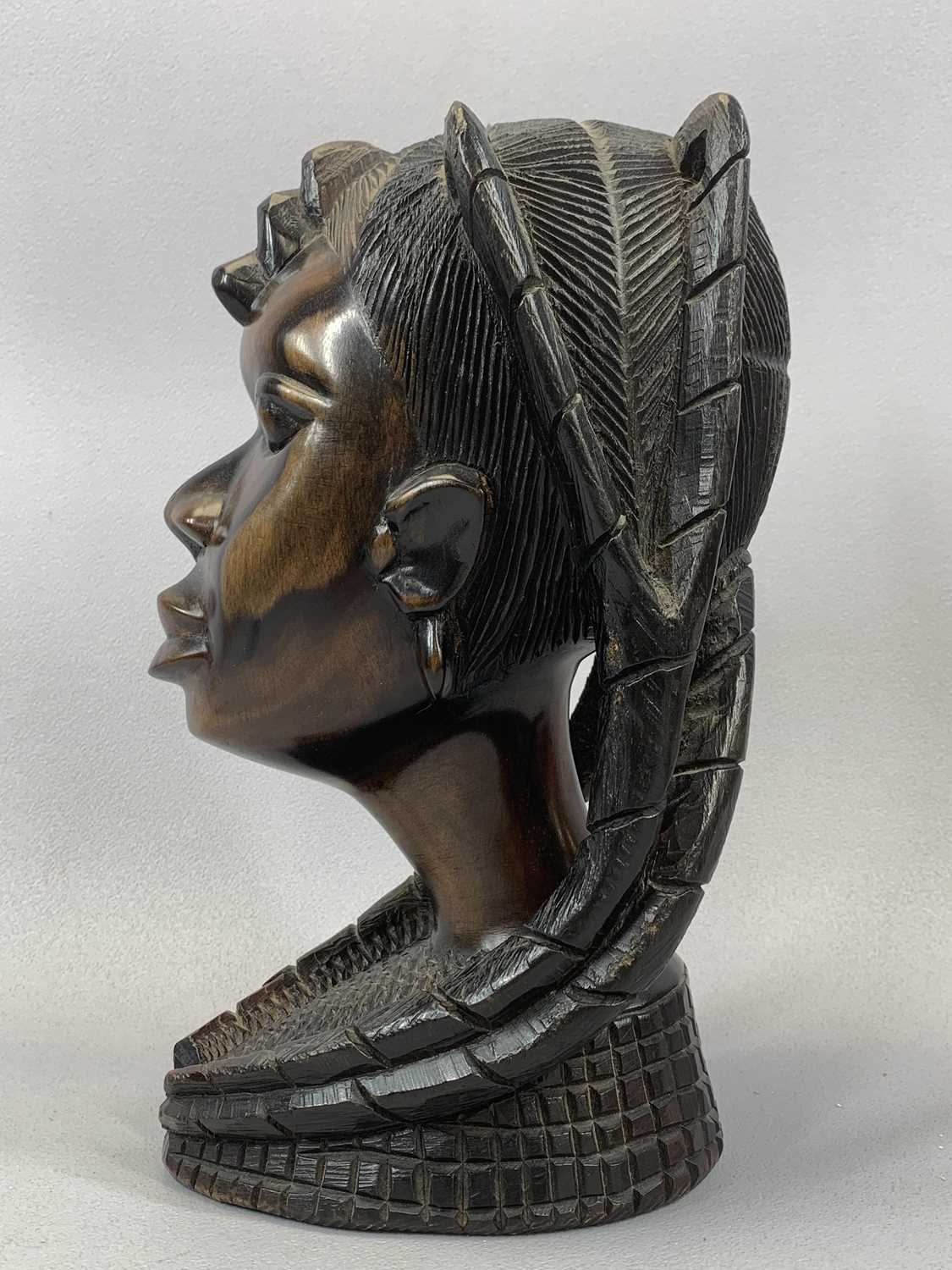 NIGERIAN CARVED HARDWOOD BUST OF A LADY, 29cms (h), a Nigerian curved sword in carved sheath, - Image 4 of 8