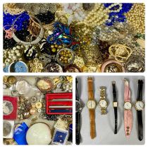 LARGE GROUP OF COSTUME JEWELLERY including bead necklaces, bangles, rings with commemorative coins