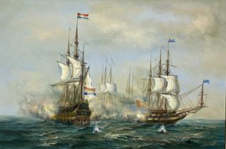 TWENTIETH CENTURY MARINE SCHOOL oil on canvas - depicting early 19th century sea battle, unsigned,