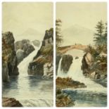 J T PARRY (1853 - 1913) watercolours, a pair - a figure on a bridge above a waterfall and another