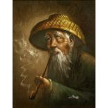 JOE (Korean 20th century) watercolour - bearded man in wicker hat smoking pipe, signed lower