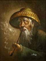 JOE (Korean 20th century) watercolour - bearded man in wicker hat smoking pipe, signed lower