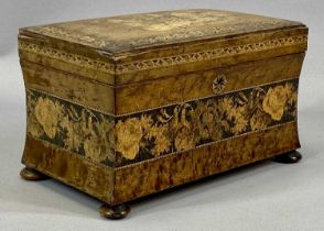 VICTORIAN TUNBRIDGE WARE DOUBLE TEA CADDY of sarcophagus form, the cover with ruined abbey, body